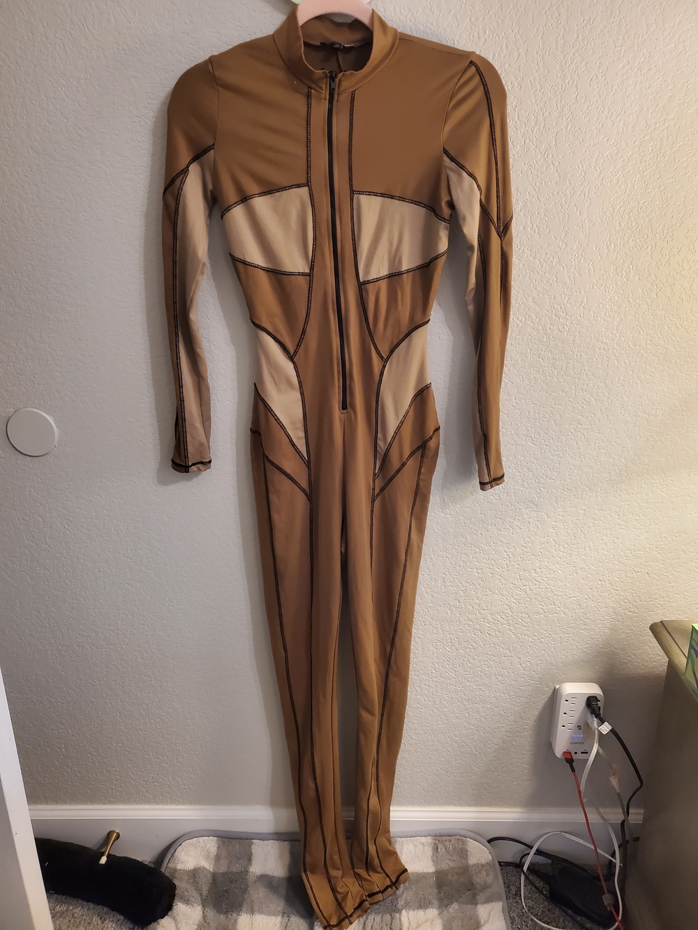 Fashion Nova Tan and Cream Long-Sleeve Jumpsuit - Picture 3 of 12